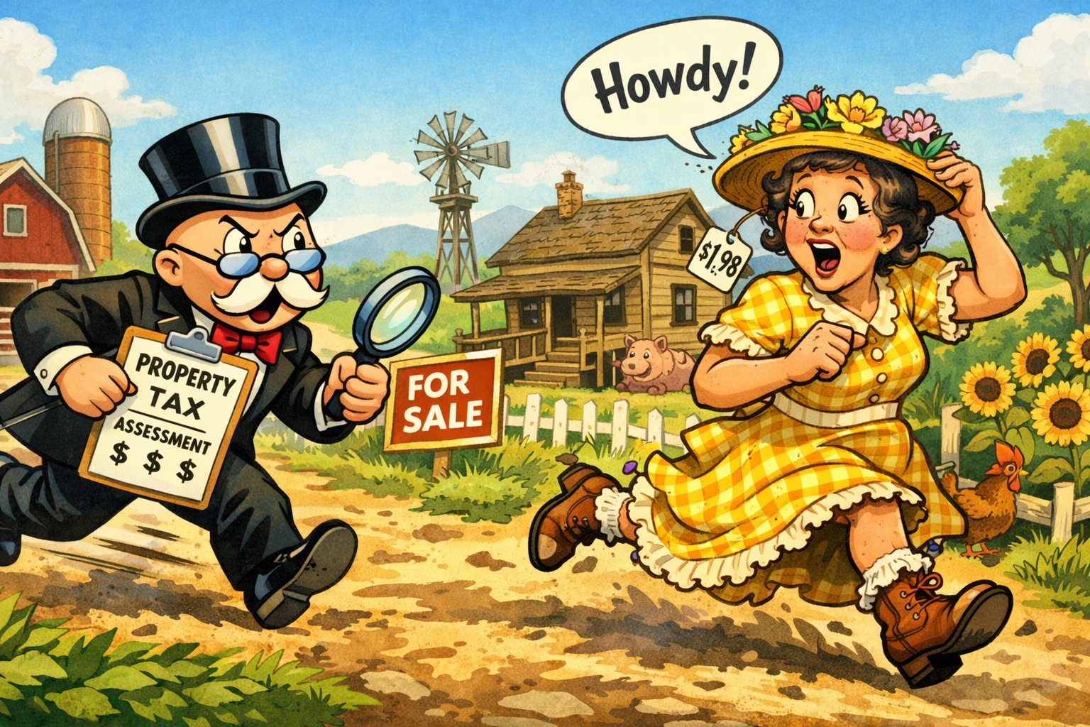 Cartoon-style illustration of a rural Tennessee farm scene with a property tax assessment theme.