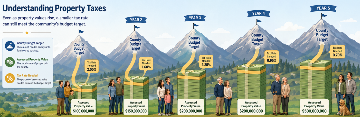 Illustrated five-year comparison showing assessed property values rising while the tax rate needed to meet a county budget target can decrease.